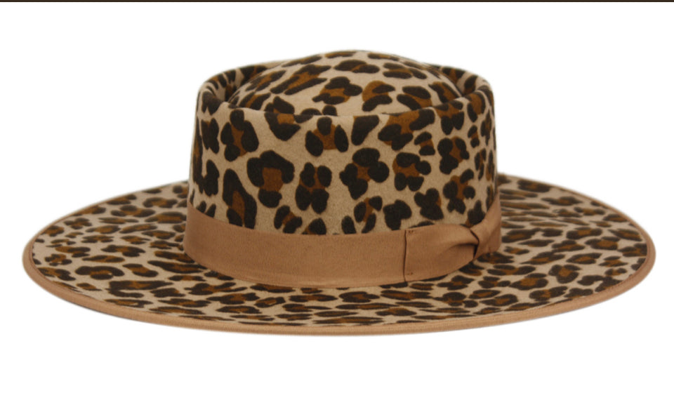 EPOCH - WIDE BRIM WOOL FELT PORK PIE FEDORA WITH GROSGRAIN BAND LEAPARD